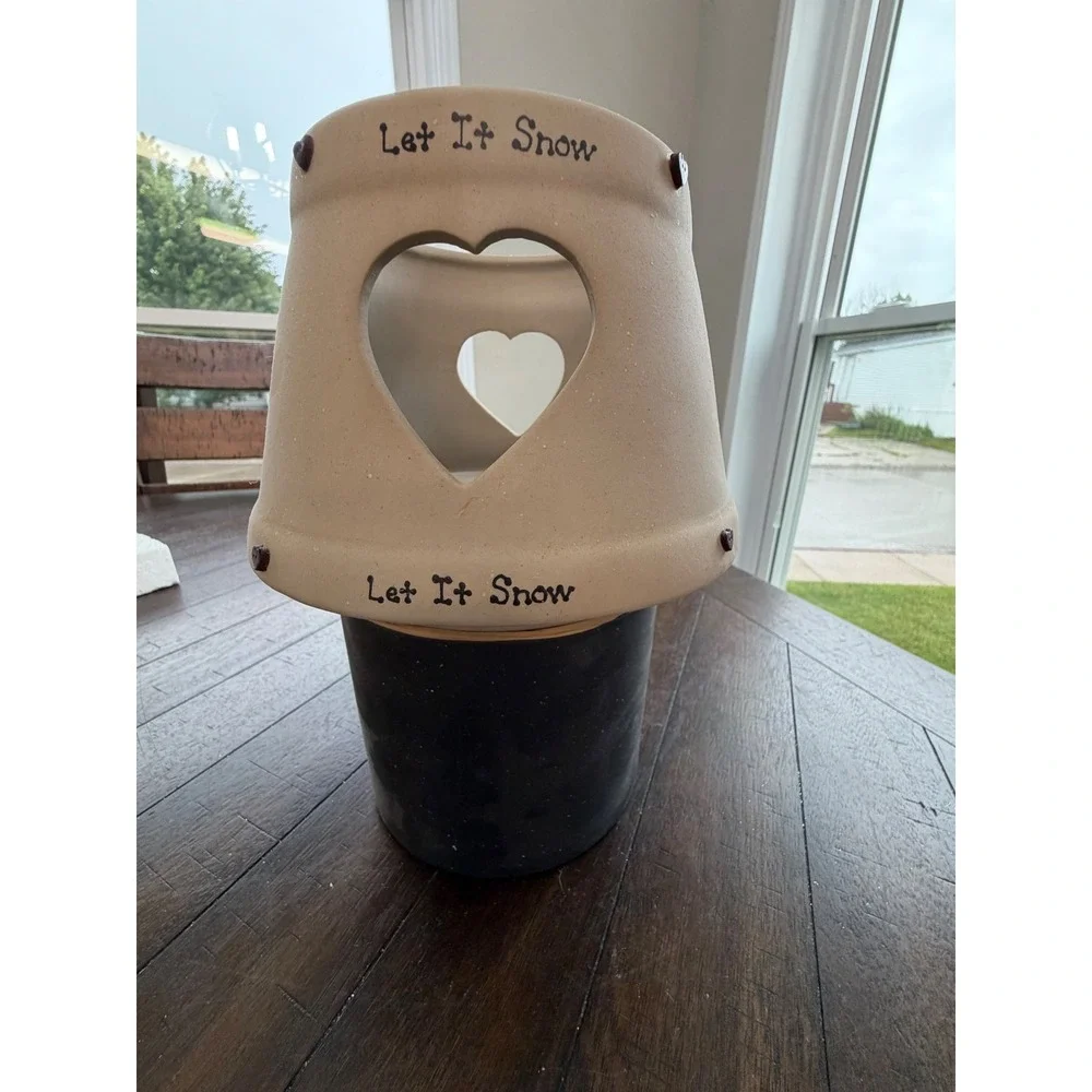 Let It Snow Ceramic Snowman Candle Holder with Heart Cutout Lampshade Topper